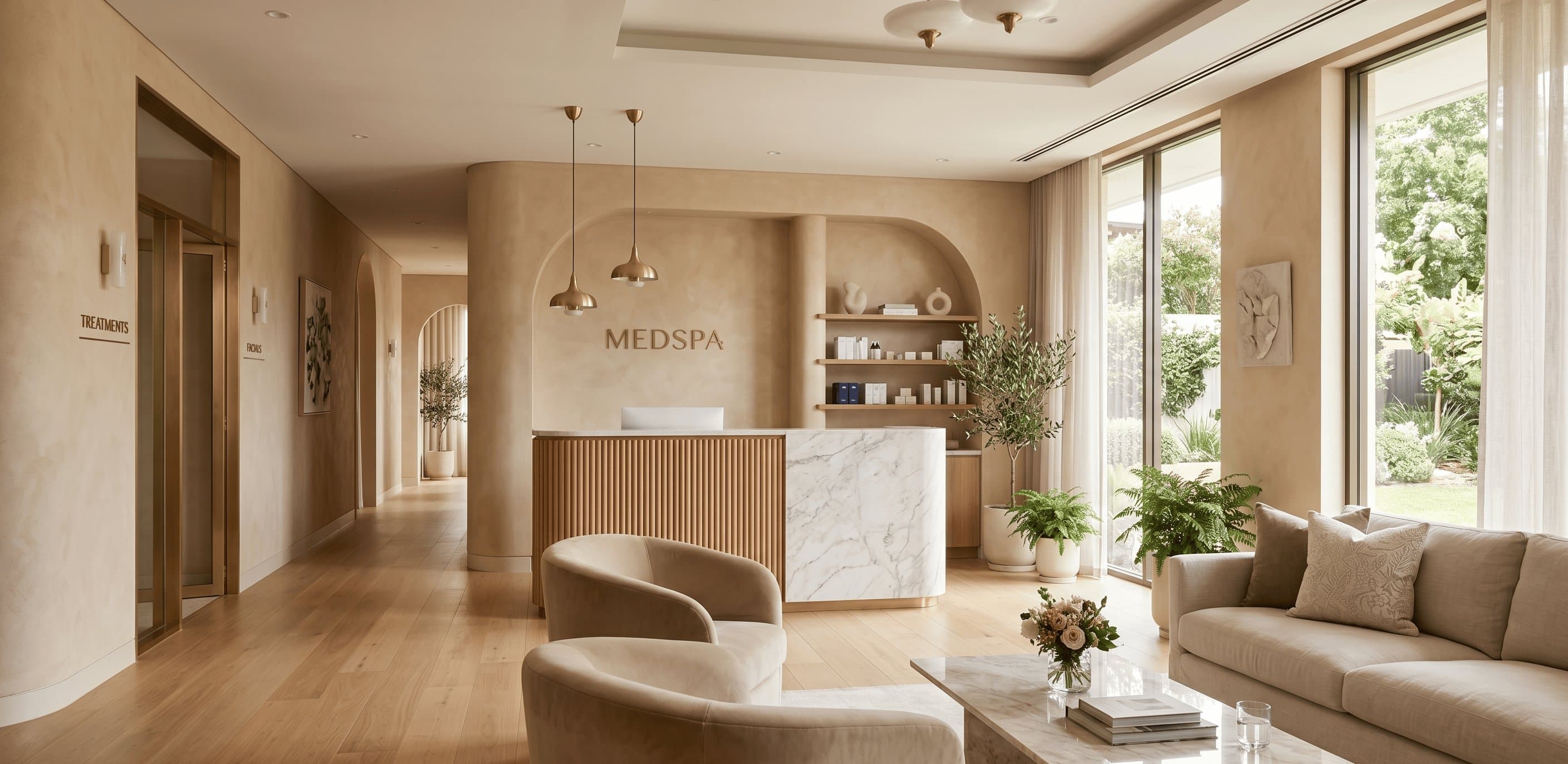 Premium med spa reception lobby with elegant design and natural lighting