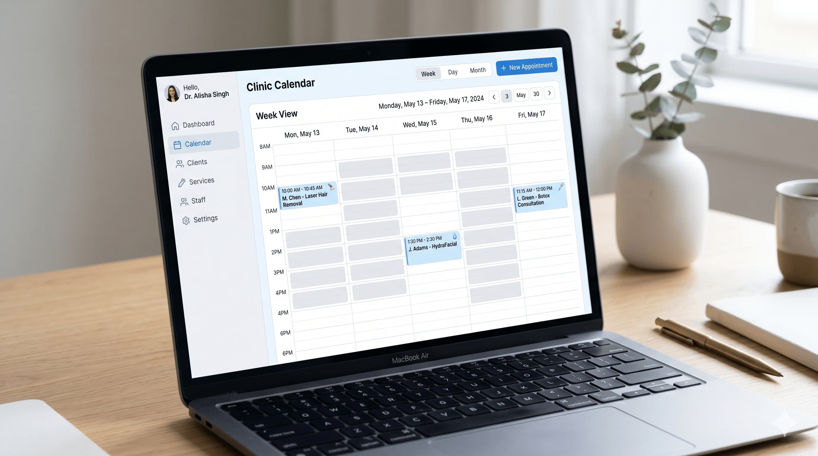 Med spa booking calendar showing mostly empty appointment slots throughout the week