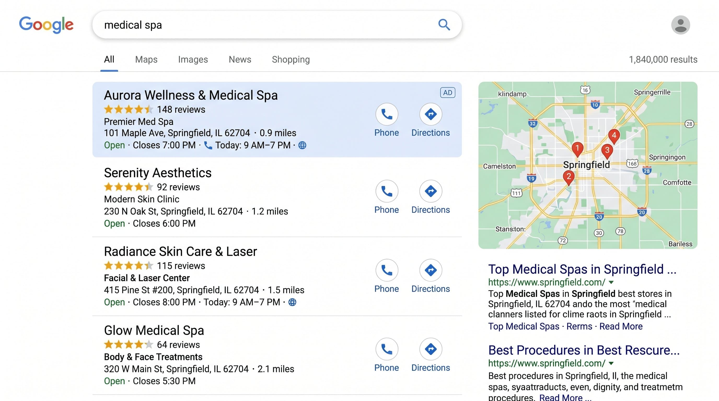 Google search results page showing competitor med spa ranking number one